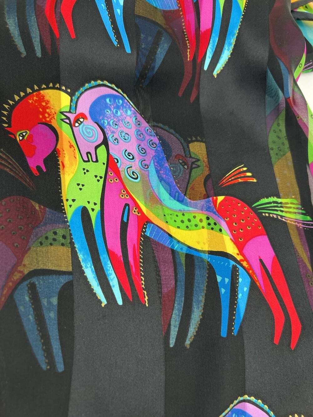 Laurel Burch Silk Scarf Signed Colorful Horses Black Long Fringe 54x11 Vintage - Picture 3 of 6